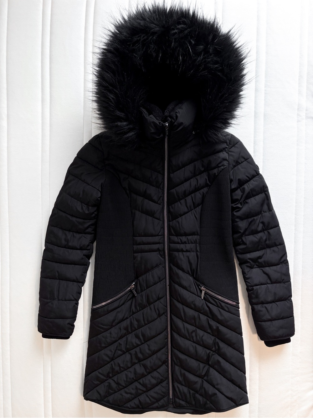 DKNY longline puffer coat with removable faux fur hood XS